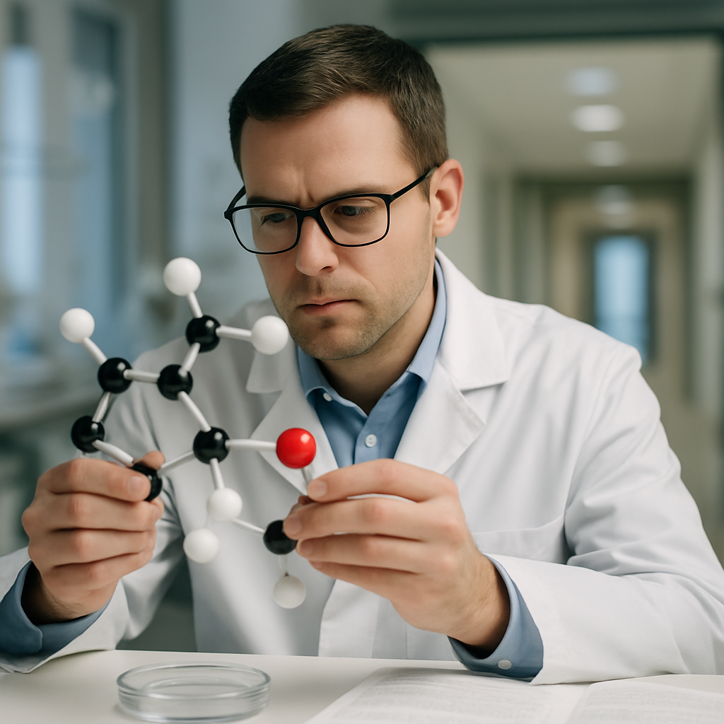 A scientist reviews a molecular model and lab samples, with a clinical research corridor