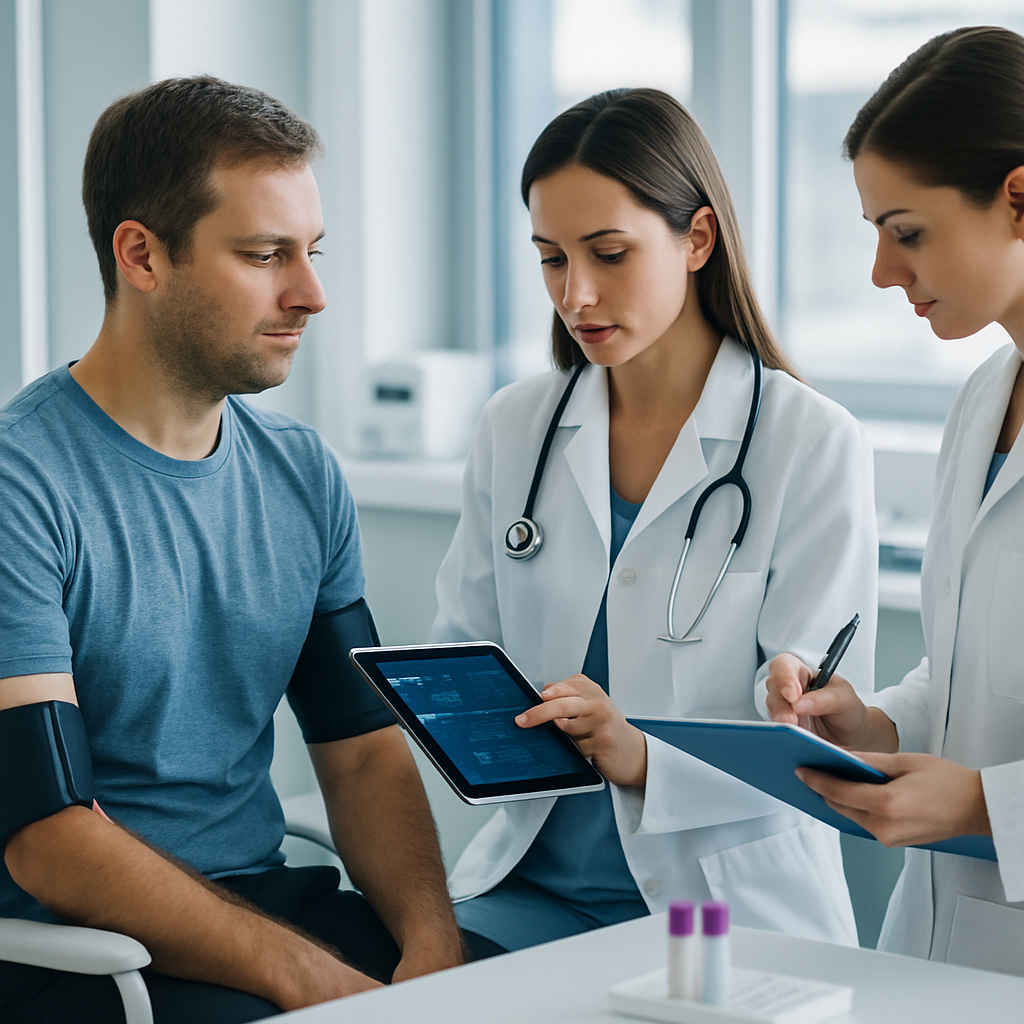 A clinician checks a volunteer’s vital signs while a researcher records observations during a